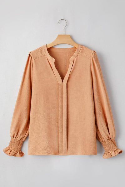 Straw Yellow Solid Color Shirred Cuff Notch V Neck Blouse - Curated by tt