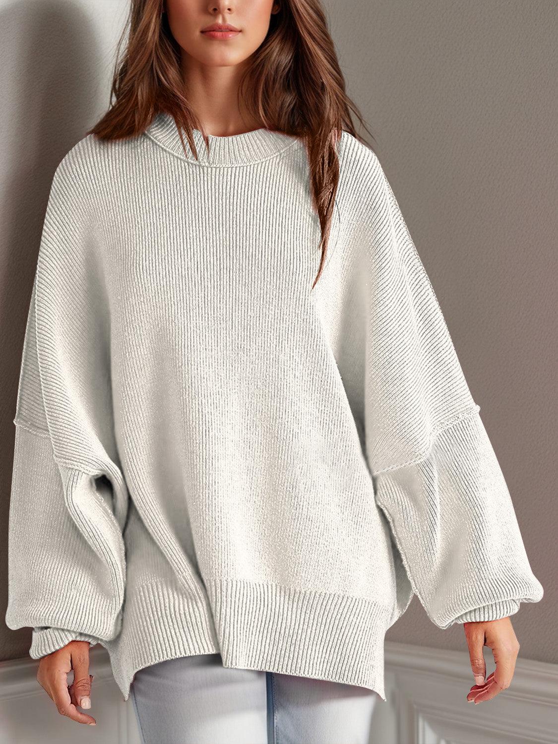 Double Take Side Slit Round Neck Long Sleeve Sweater - Curated by tt