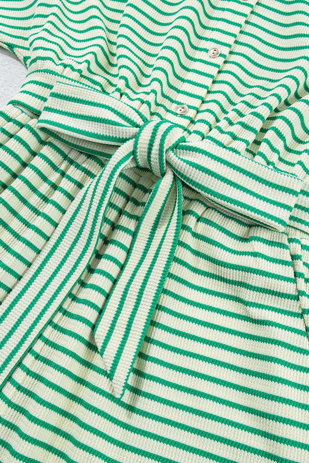 Striped Half Sleeve Tie Waist Romper - Curated by tt