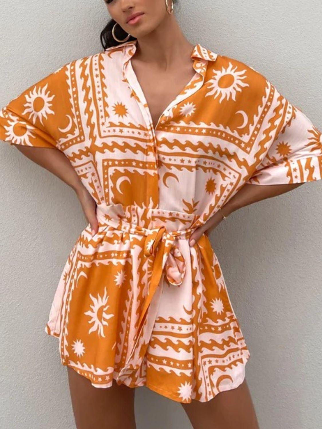 Printed Tie Waist Half Sleeve Romper - Curated by tt