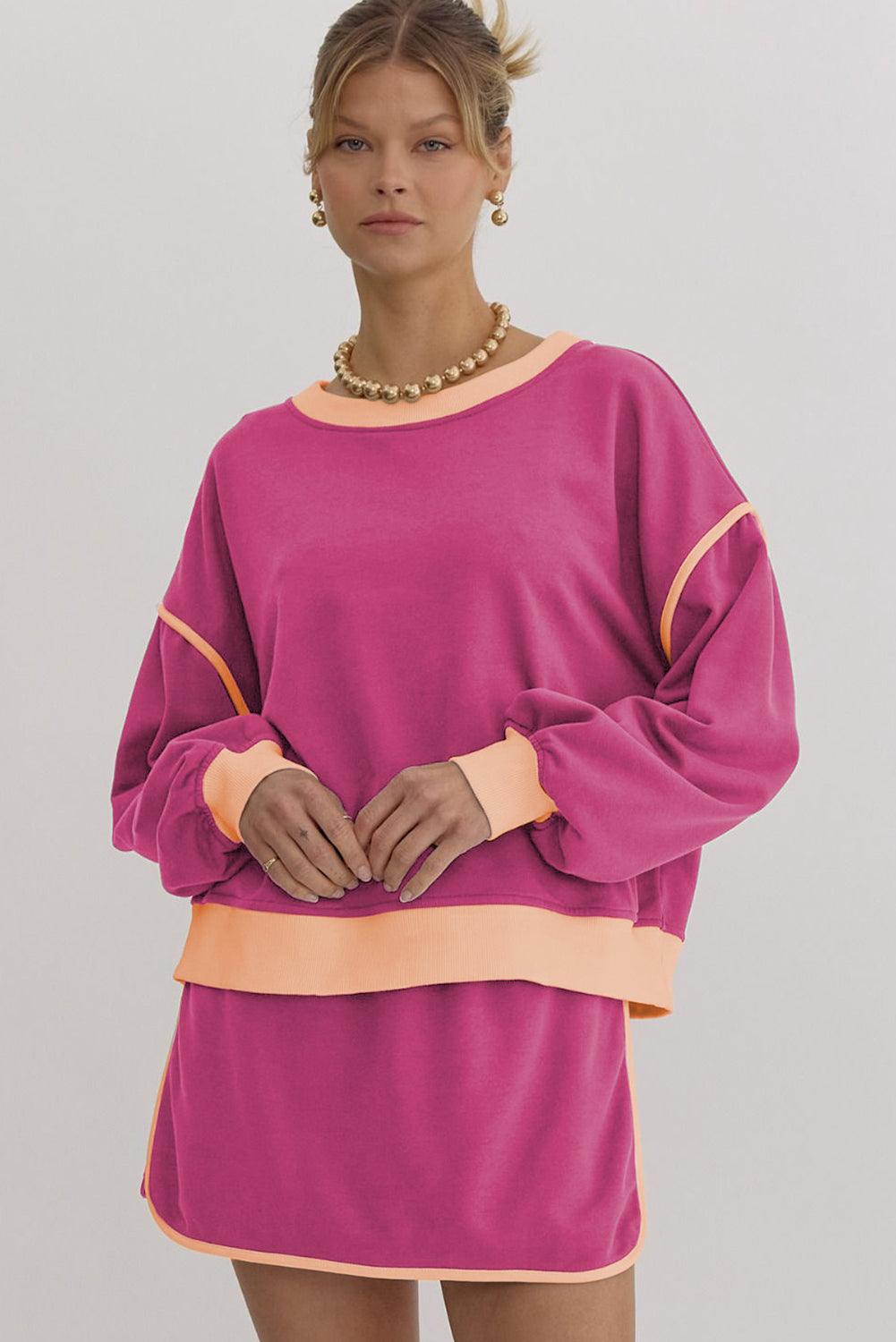 Rose Red Color Contrast Loose Pullover and Lace-up Waist Skort Set - Curated by tt