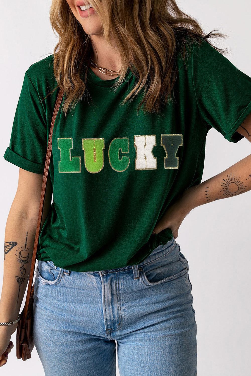 LUCKY Round Neck Short Sleeve T-Shirt - Curated by tt