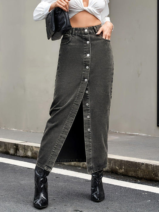 Button Up High Rise Denim Skirt - Curated by tt