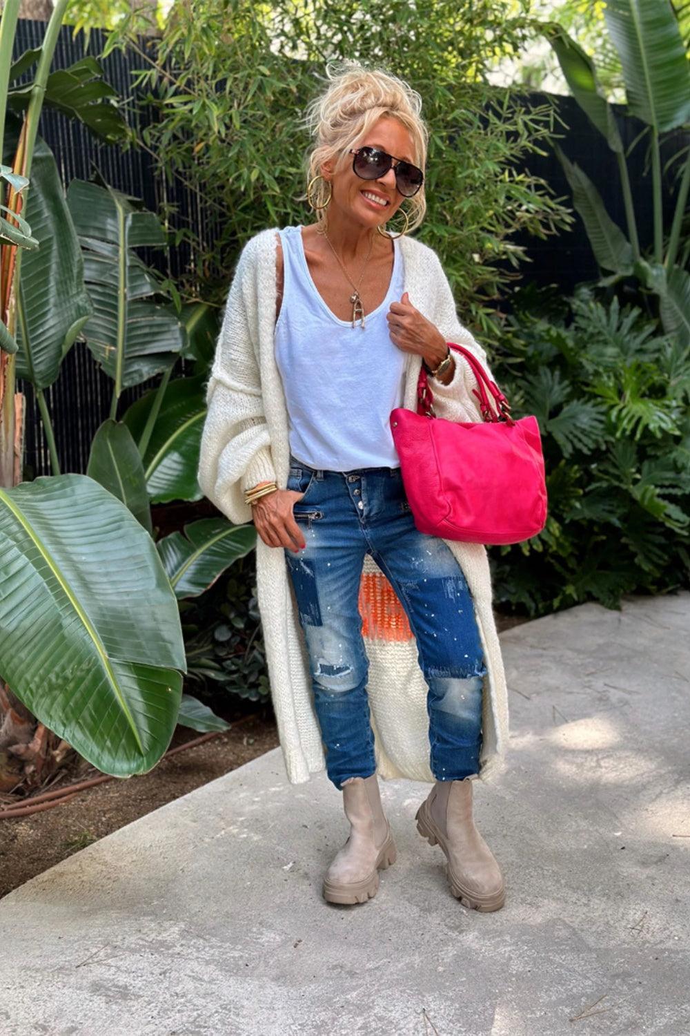 Letter Dropped Shoulder Long Sleeve Cardigan - Curated by tt