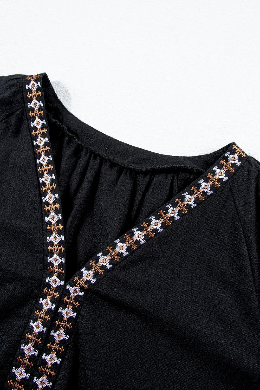 Embroidered V-Neck Three-Quarter Sleeve Blouse - Curated by tt