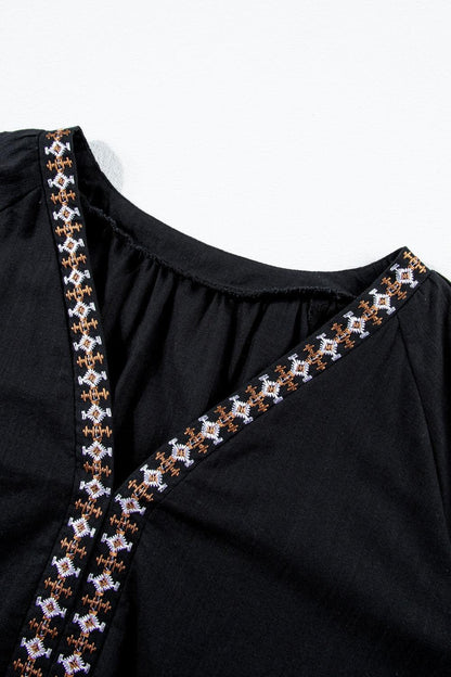 Embroidered V-Neck Three-Quarter Sleeve Blouse - Curated by tt