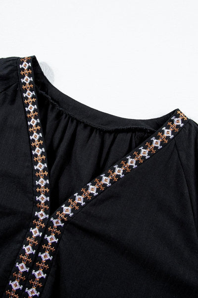 Embroidered V-Neck Three-Quarter Sleeve Blouse - Curated by tt