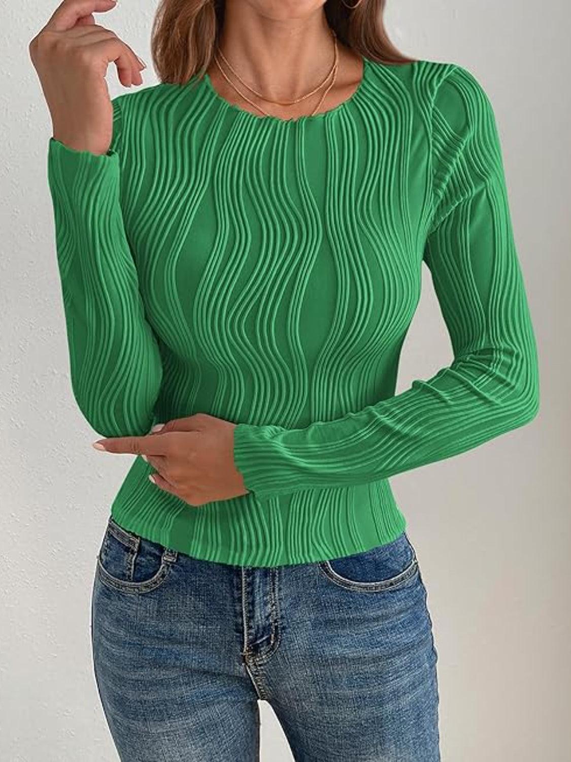 Textured Round Neck Long Sleeve Top - Curated by tt