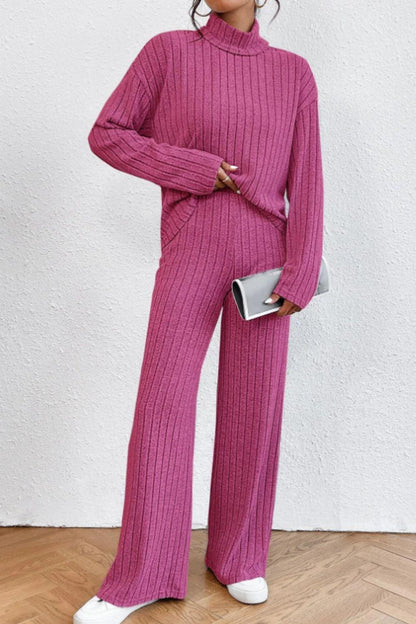 Mock Neck Dropped Shoulder Top and Pants Set - Curated by tt