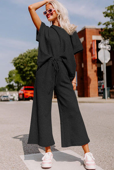 Black Textured Loose Fit T Shirt and Drawstring Pants Set - Curated by tt