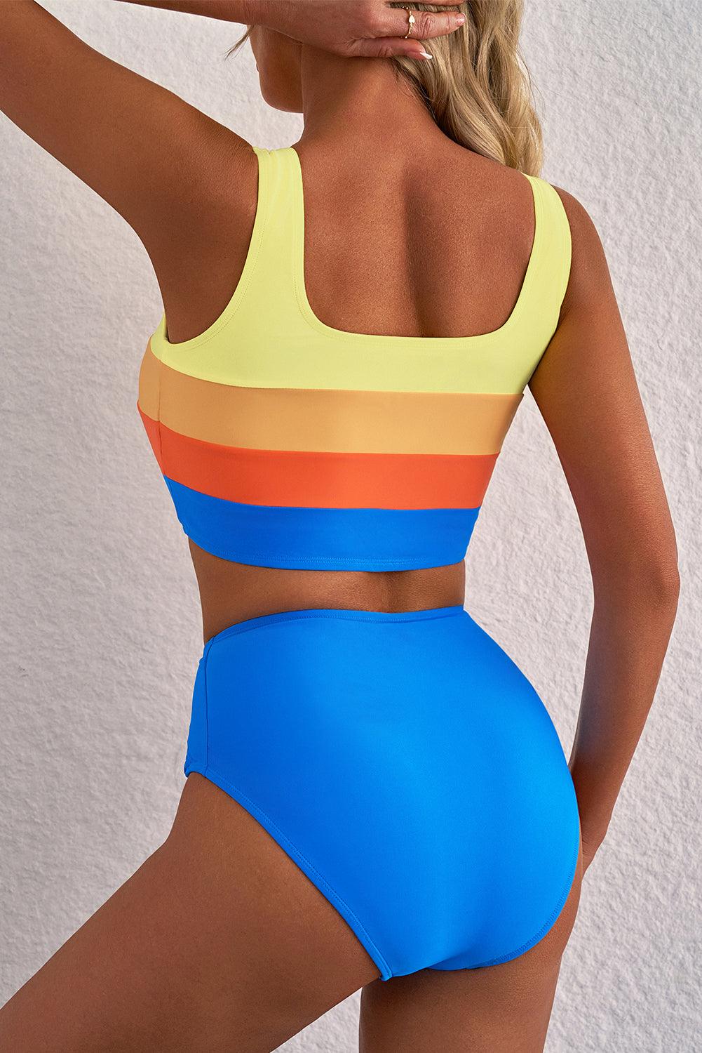 Blue Colorblock Square Neck Top Pleated High Waisted Bikini - Curated by tt