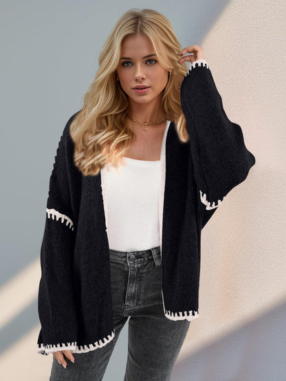 Double Take Contrast Open Front Dropped Shoulder Cardigan - Curated by tt