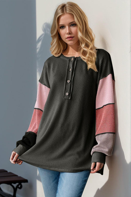 Double Take Full Size Color Block Round Neck Long Sleeve T-Shirt - Curated by tt