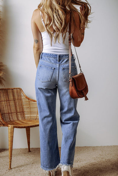 Ashleigh Blue Distressed Raw Hem Straight Leg High Waist Jeans - Curated by tt