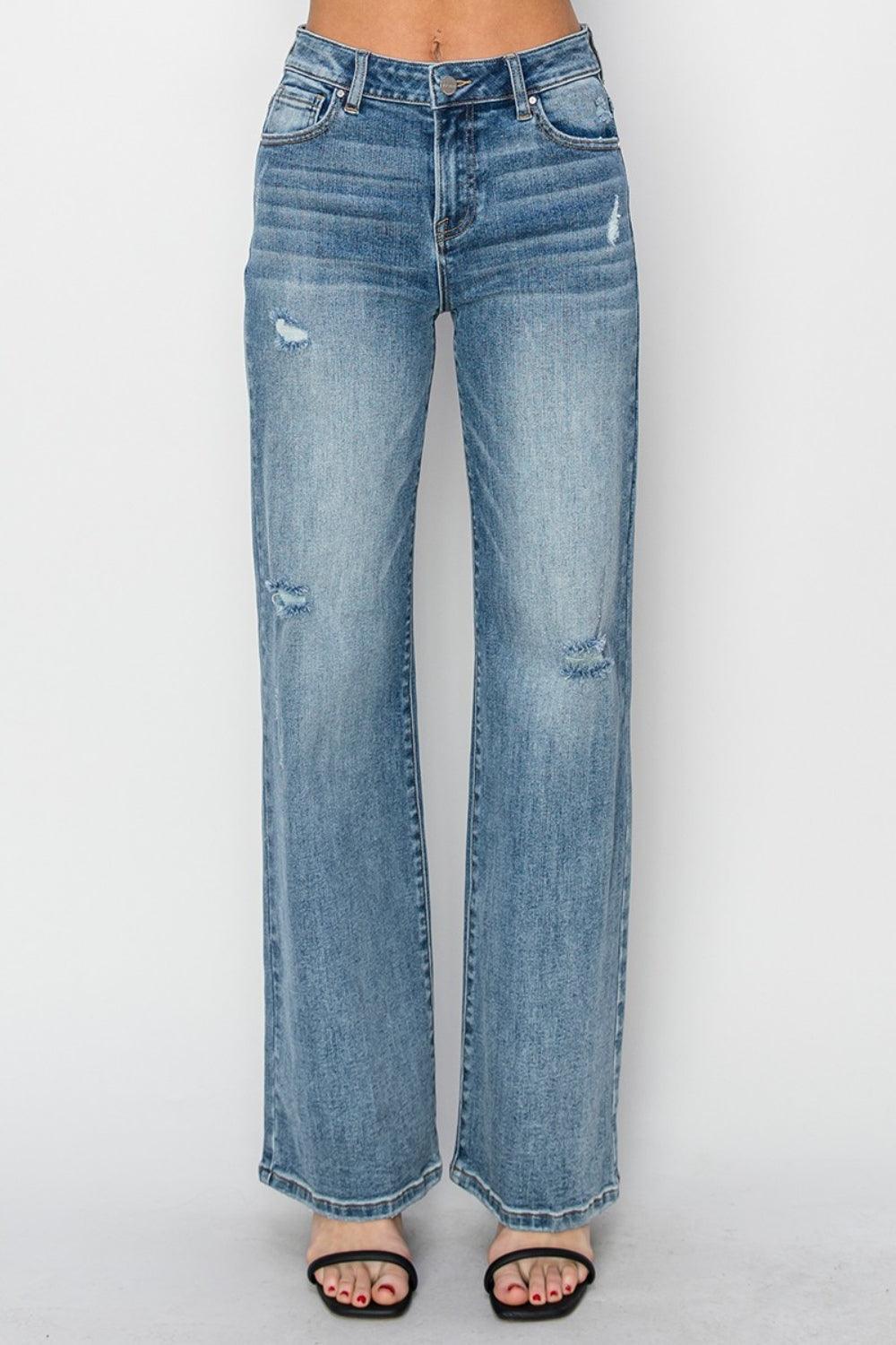 Full Size High Waist Distressed Wide Leg Jeans - Curated by tt