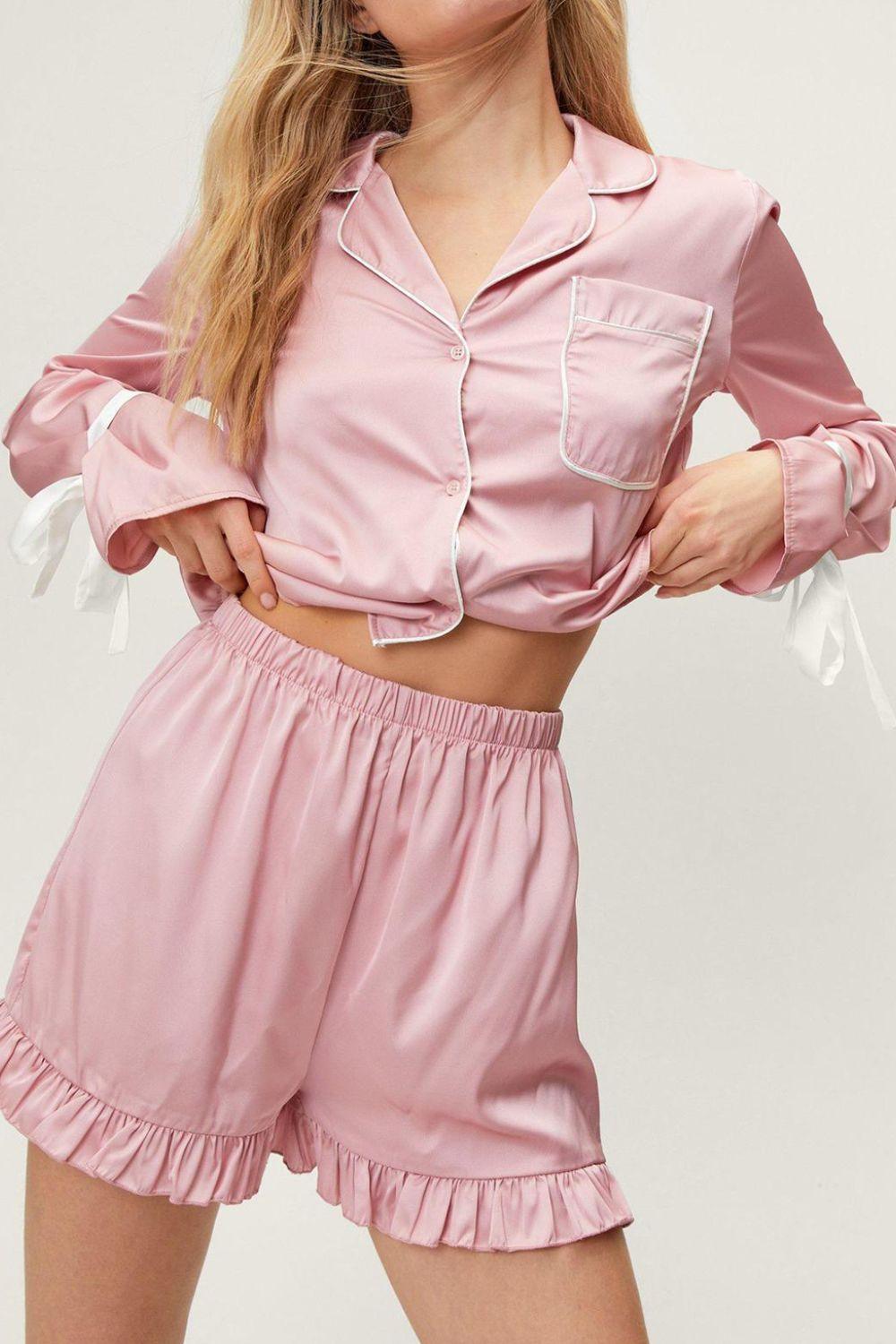 Basic Bae Tied Cuff Collared Neck Top and Frill Shorts Lounge Set - Curated by tt