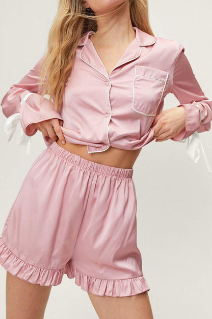 Basic Bae Tied Cuff Collared Neck Top and Frill Shorts Lounge Set - Curated by tt