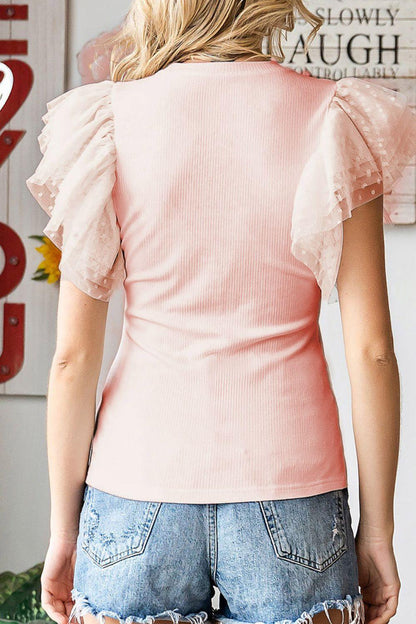 Ruffled Round Neck Cap Sleeve Blouse - Curated by tt