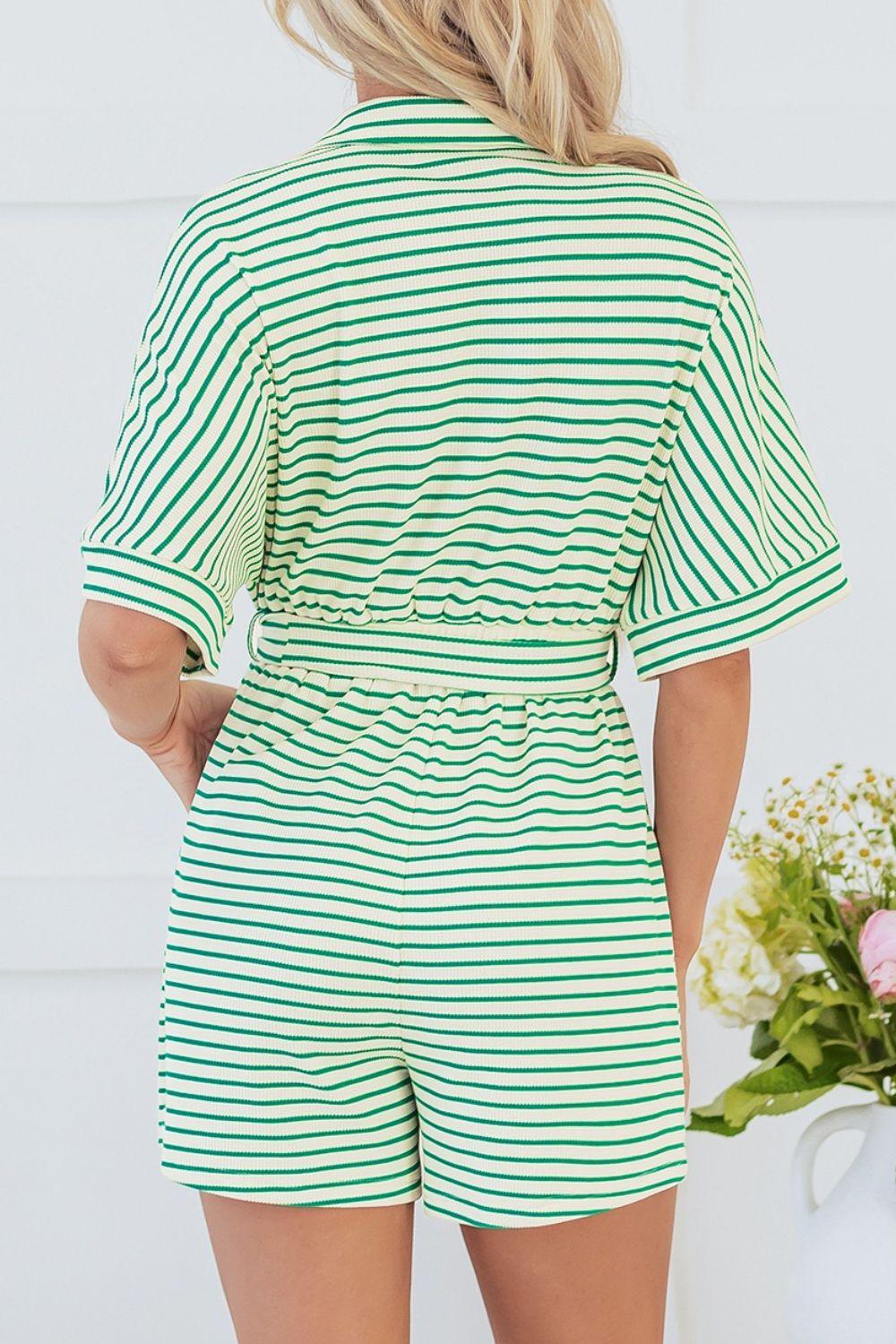 Striped Half Sleeve Tie Waist Romper - Curated by tt
