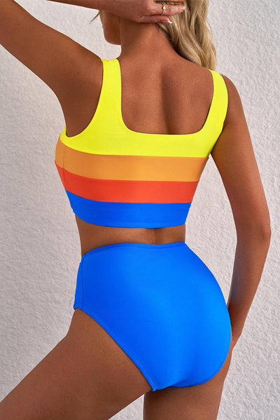 Blue Colorblock Square Neck Top Pleated High Waisted Bikini - Curated by tt