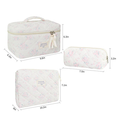 3Pcs Cotton Quilted Cosmetic Bag