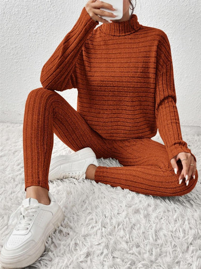 Ribbed Turtleneck Top and Pants Set - Curated by tt