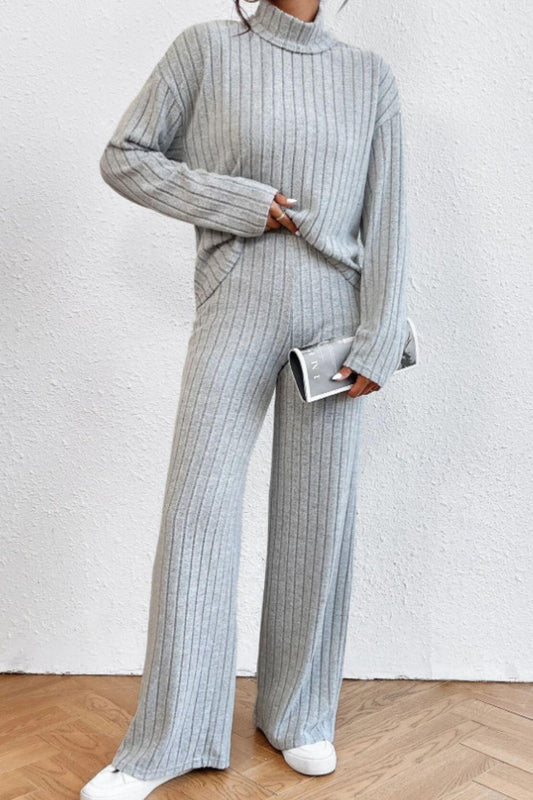 Mock Neck Dropped Shoulder Top and Pants Set - Curated by tt