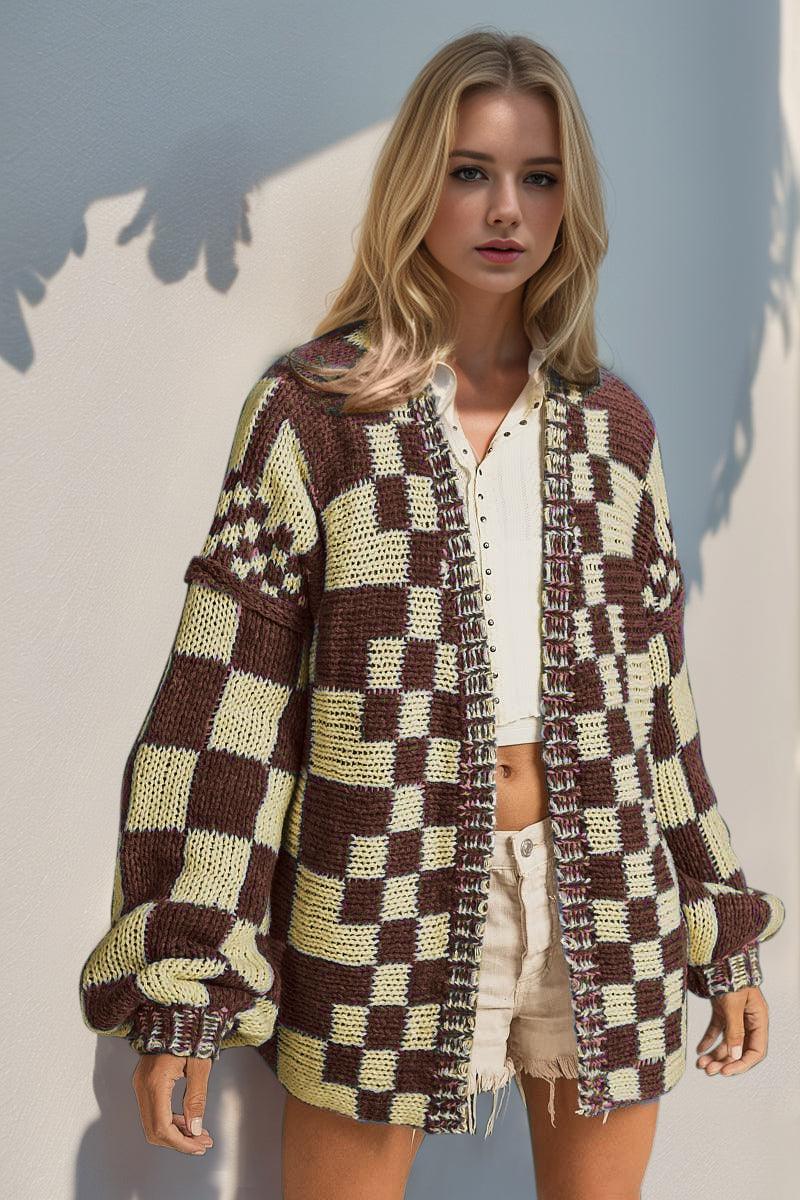 Double Take Full Size Open Front Checkered Drop Shoulder Cardigan - Curated by tt