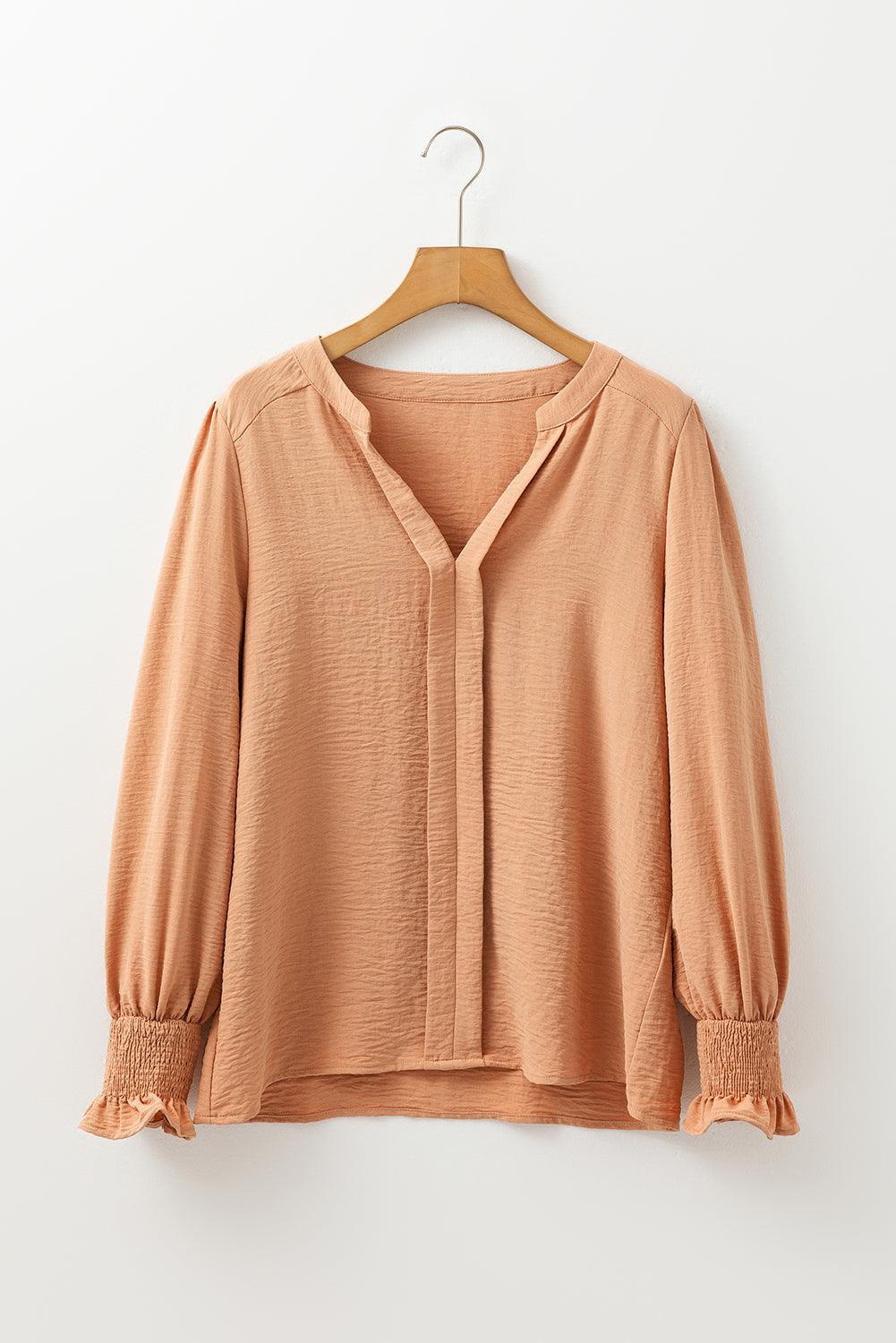 Straw Yellow Solid Color Shirred Cuff Notch V Neck Blouse - Curated by tt
