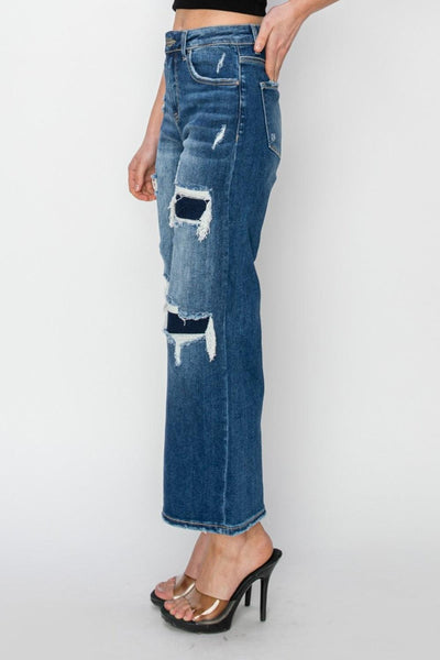 Full Size High Rise Patch Detailed Wide Leg Crop Jeans - Curated by tt