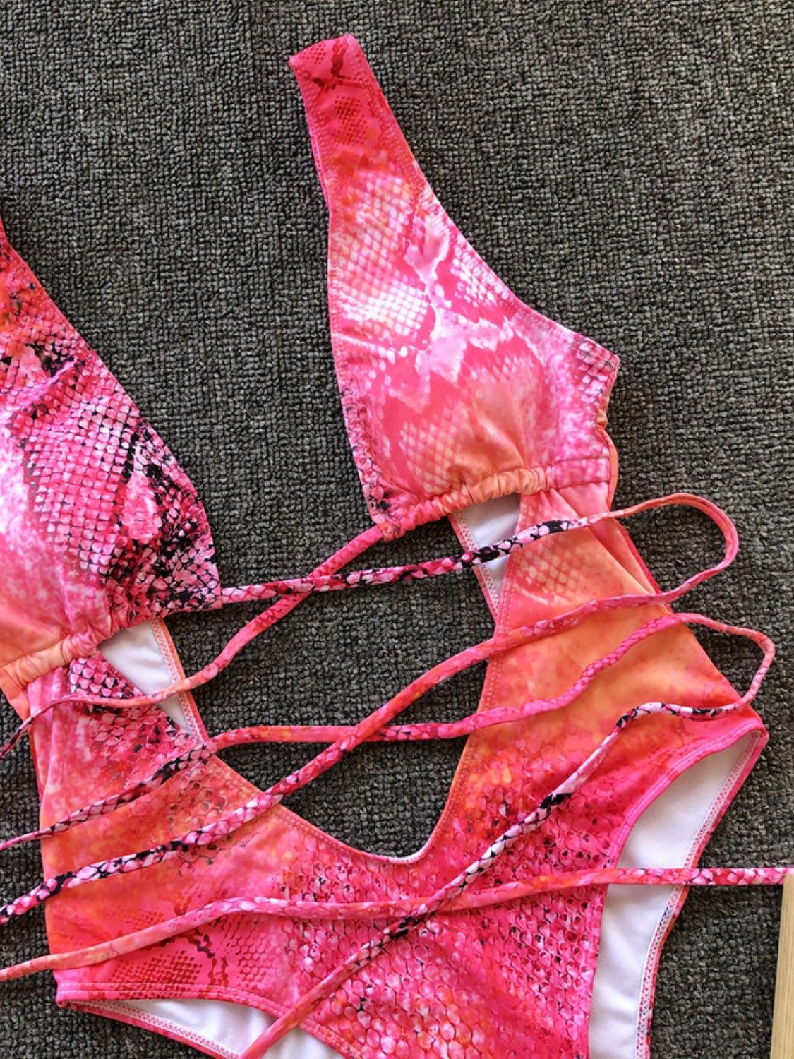 Lace-Up Backless Plunge One-Piece Swimwear - Curated by tt
