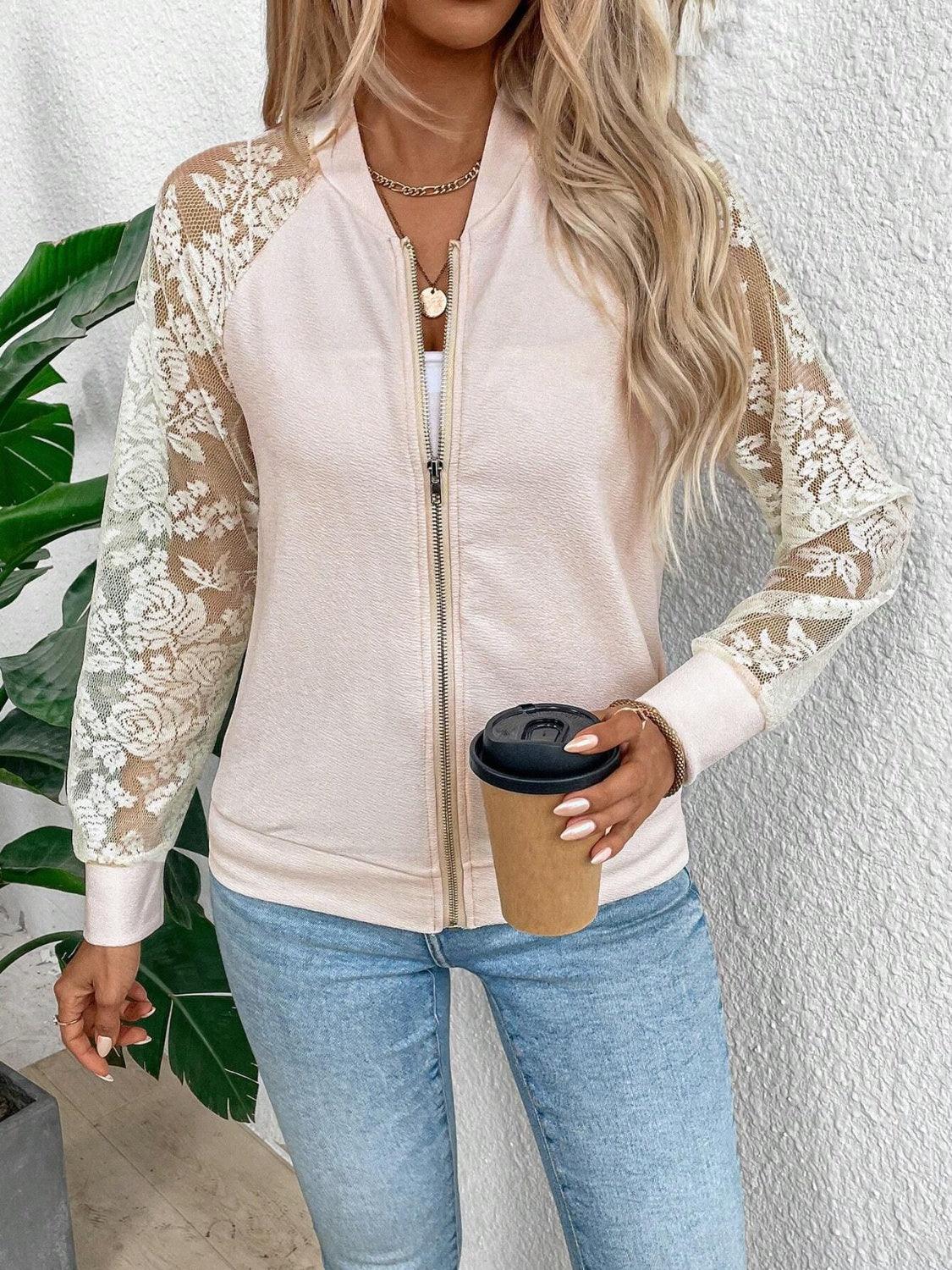 Lace Baseball Collar Zip Up Jacket - Curated by tt