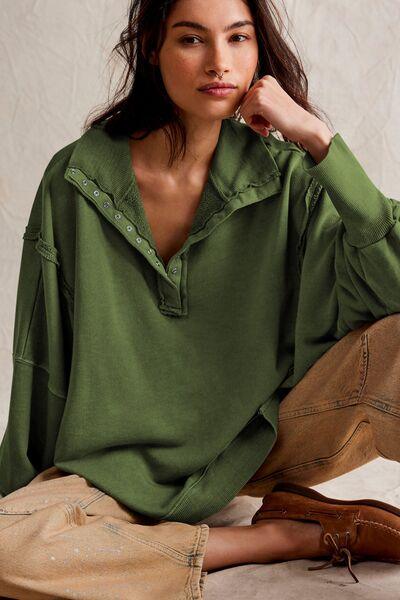 Exposed Seam Side Slit Long Sleeve Sweatshirt - Curated by tt
