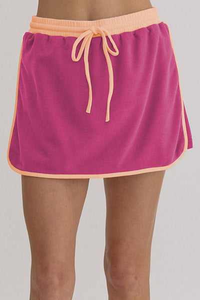 Rose Red Color Contrast Loose Pullover and Lace-up Waist Skort Set - Curated by tt