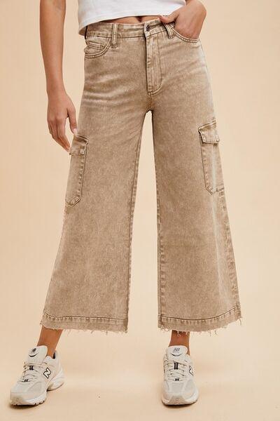 Annie Wear Raw Hem Wide Leg Jeans with Cargo Pockets - Curated by tt