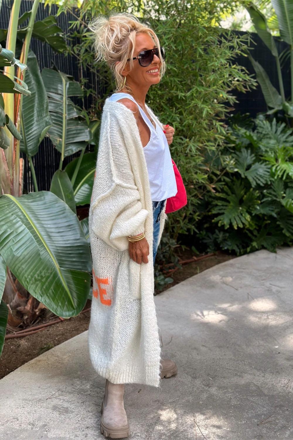 Letter Dropped Shoulder Long Sleeve Cardigan - Curated by tt