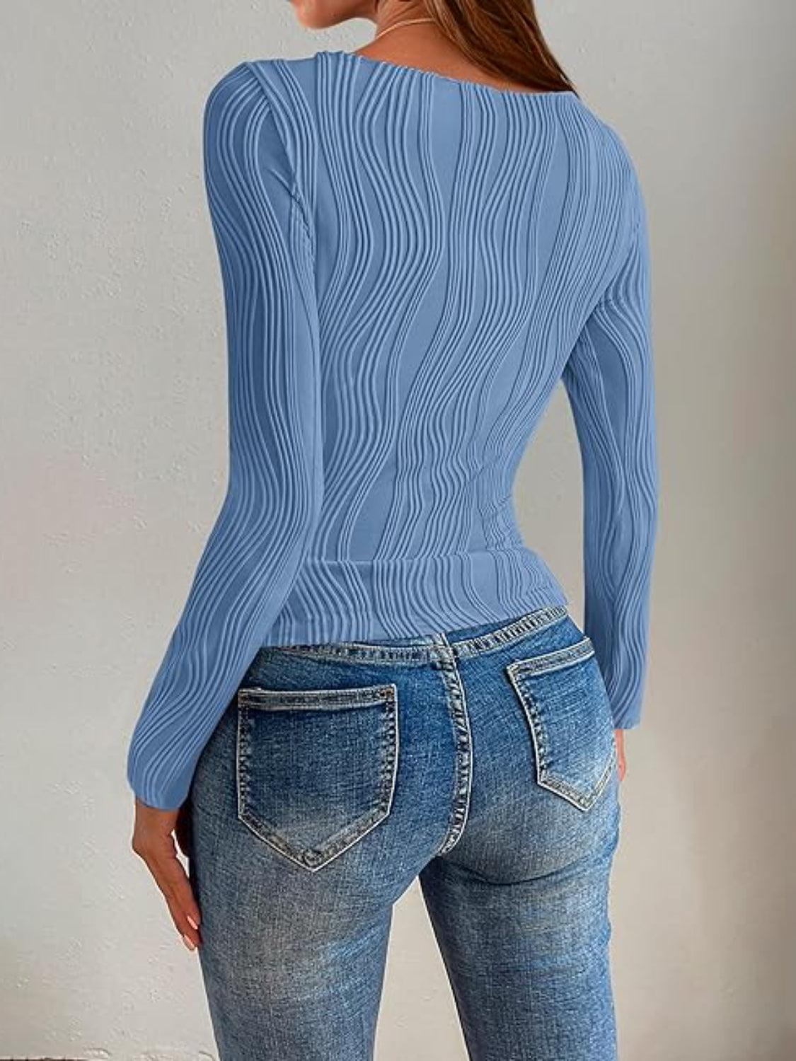 Textured Round Neck Long Sleeve Top - Curated by tt