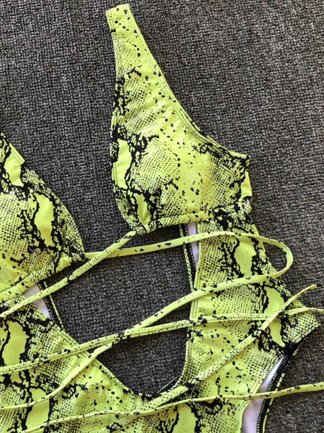 Lace-Up Backless Plunge One-Piece Swimwear - Curated by tt