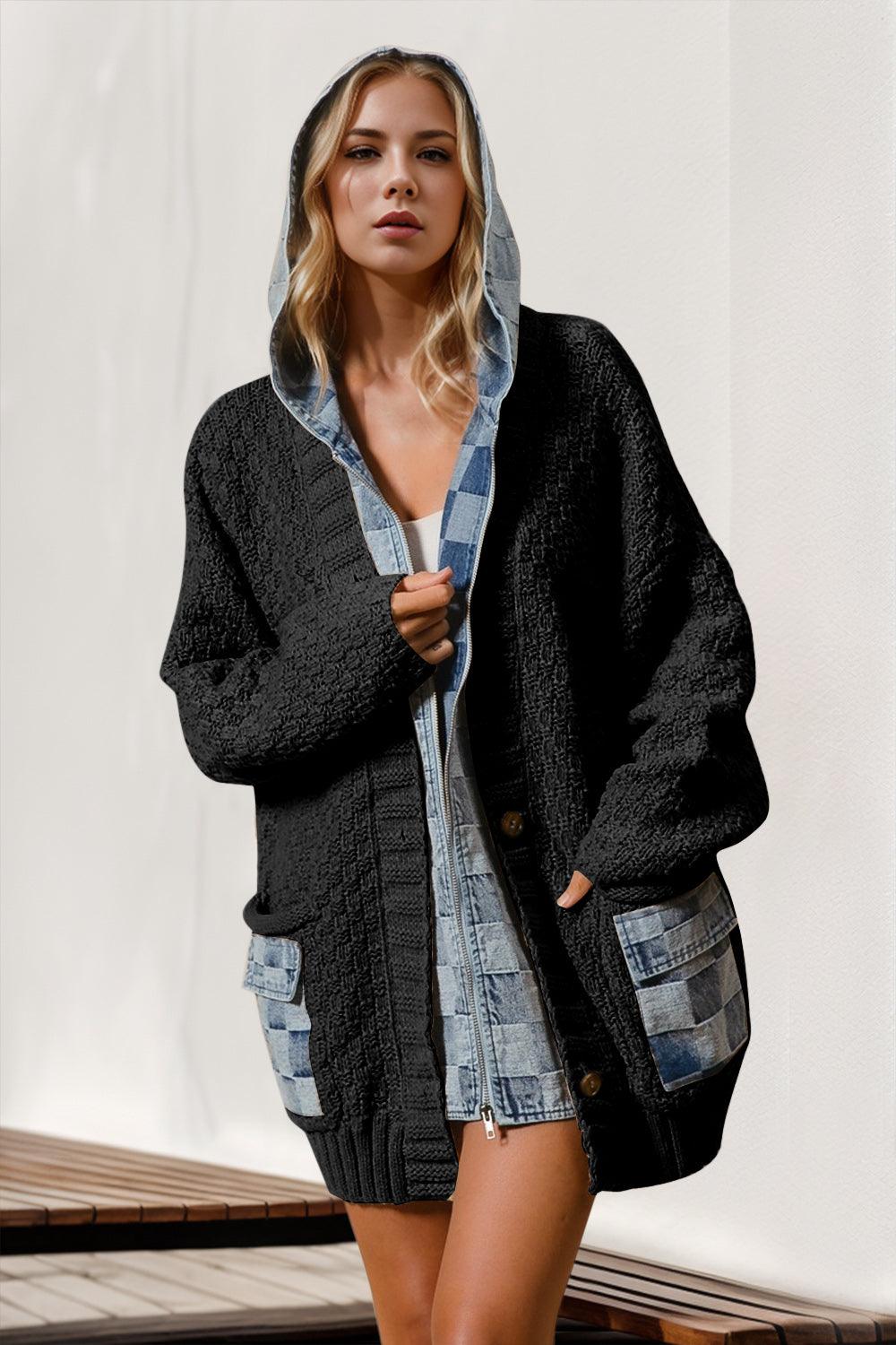 Double Take Full Size Hooded Denim Spliced Sweater Cardigan - Curated by tt