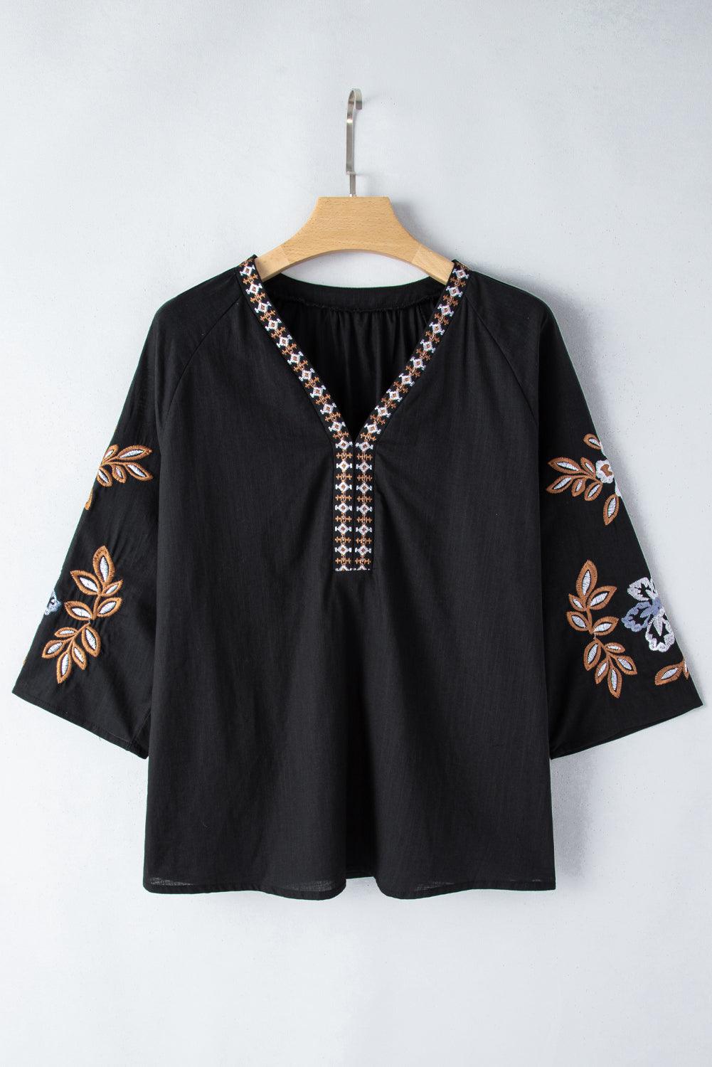 Embroidered V-Neck Three-Quarter Sleeve Blouse - Curated by tt