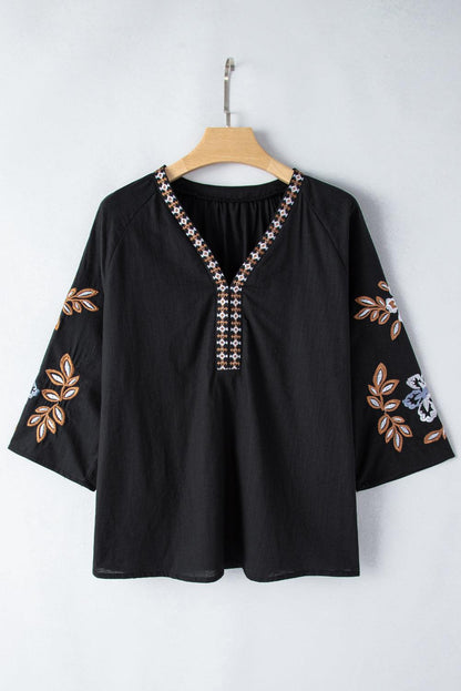 Embroidered V-Neck Three-Quarter Sleeve Blouse - Curated by tt