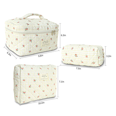 3Pcs Cotton Quilted Cosmetic Bag