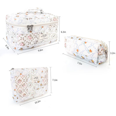 3Pcs Cotton Quilted Cosmetic Bag