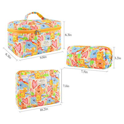 3Pcs Cotton Quilted Cosmetic Bag