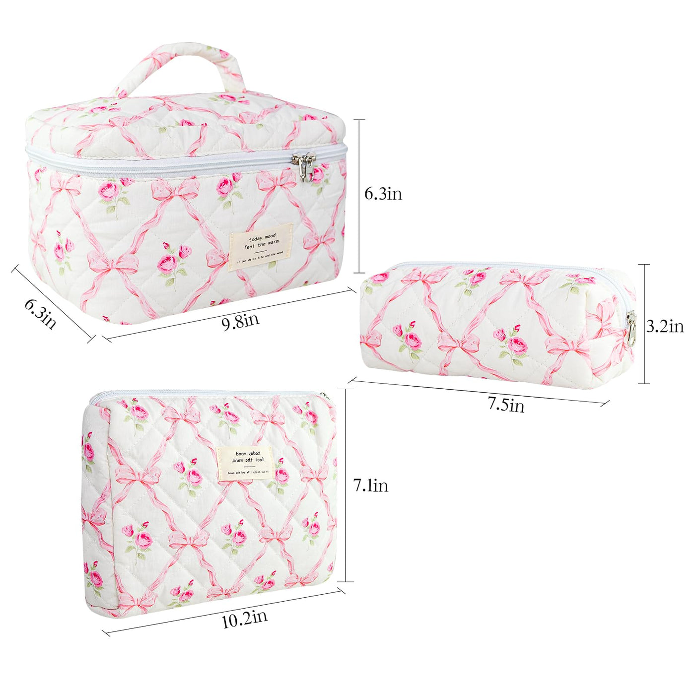 3Pcs Cotton Quilted Cosmetic Bag
