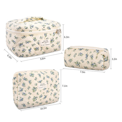 3Pcs Cotton Quilted Cosmetic Bag