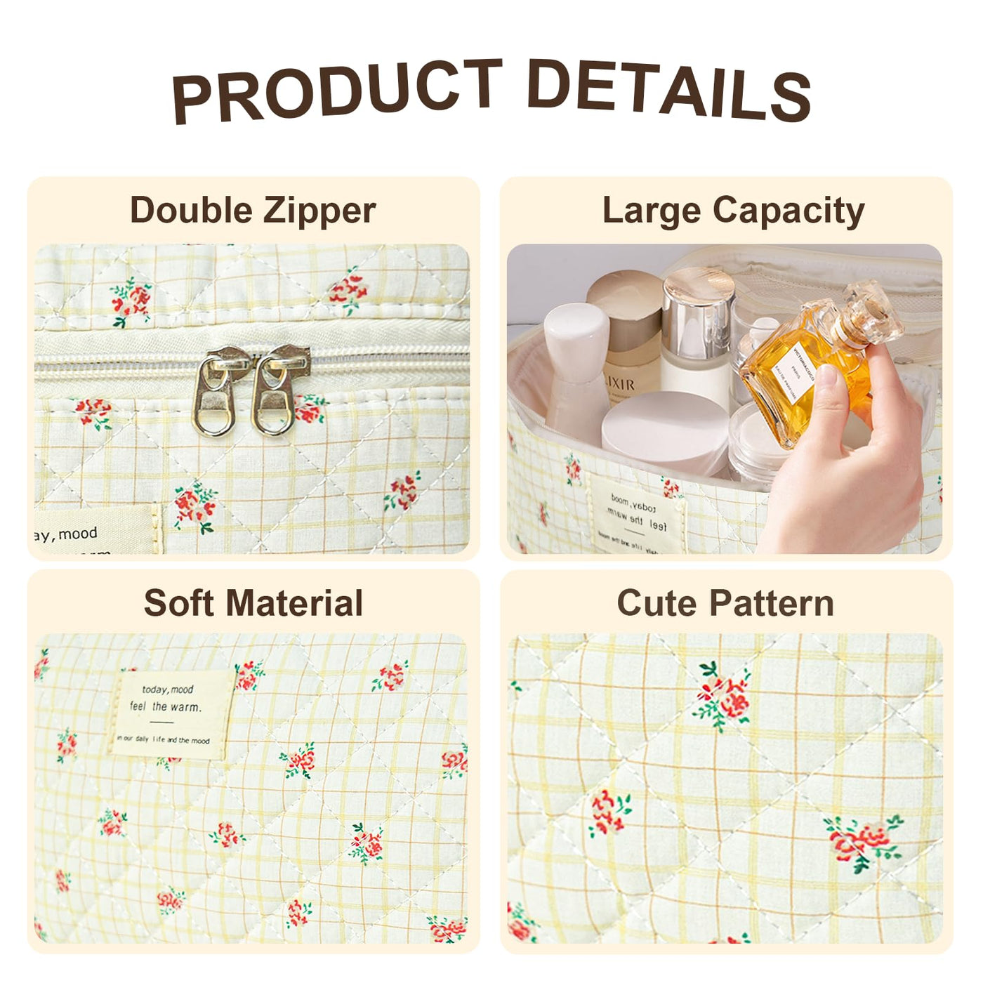 3Pcs Cotton Quilted Cosmetic Bag