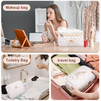 3Pcs Cotton Quilted Cosmetic Bag