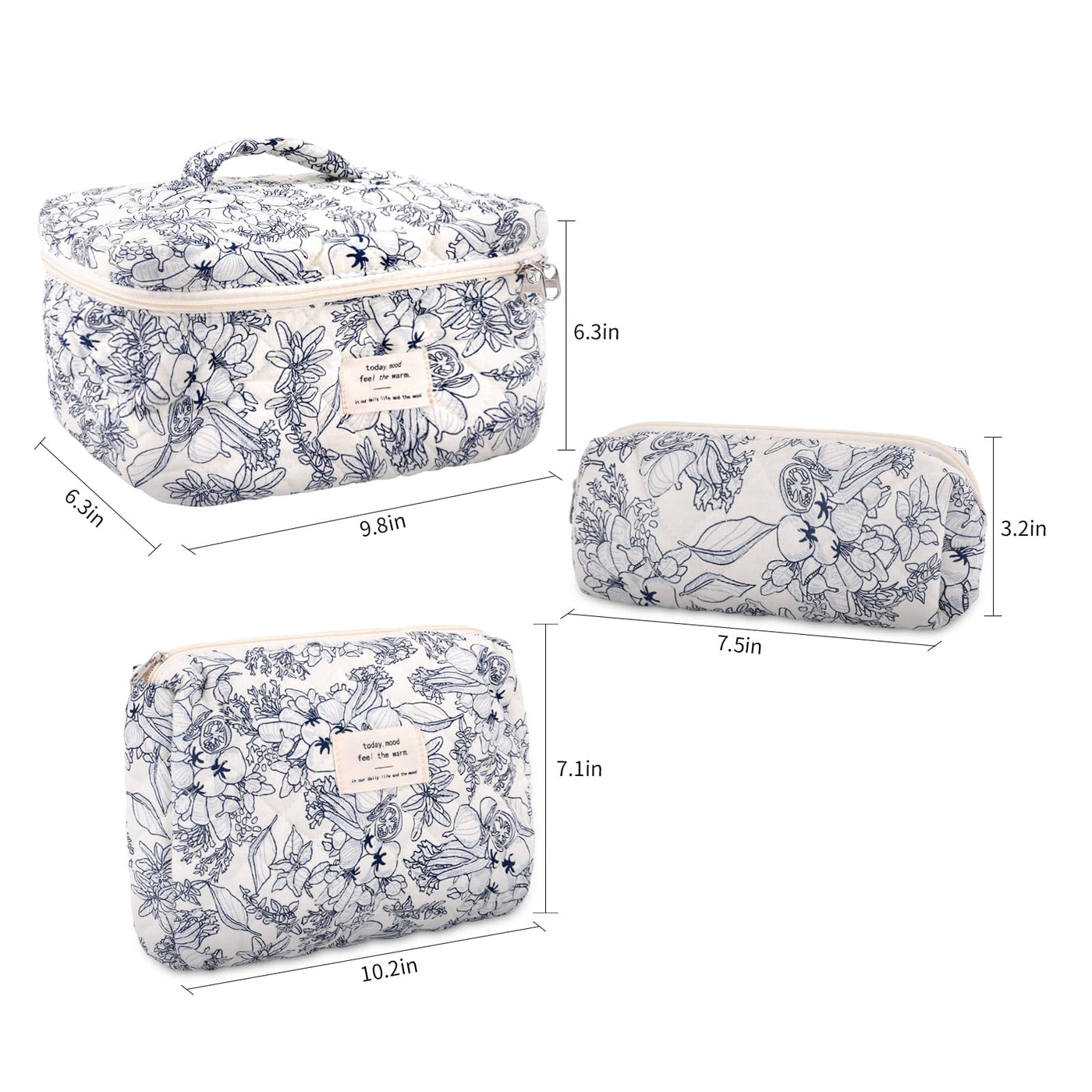 3Pcs Cotton Quilted Cosmetic Bag