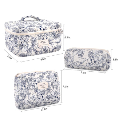 3Pcs Cotton Quilted Cosmetic Bag